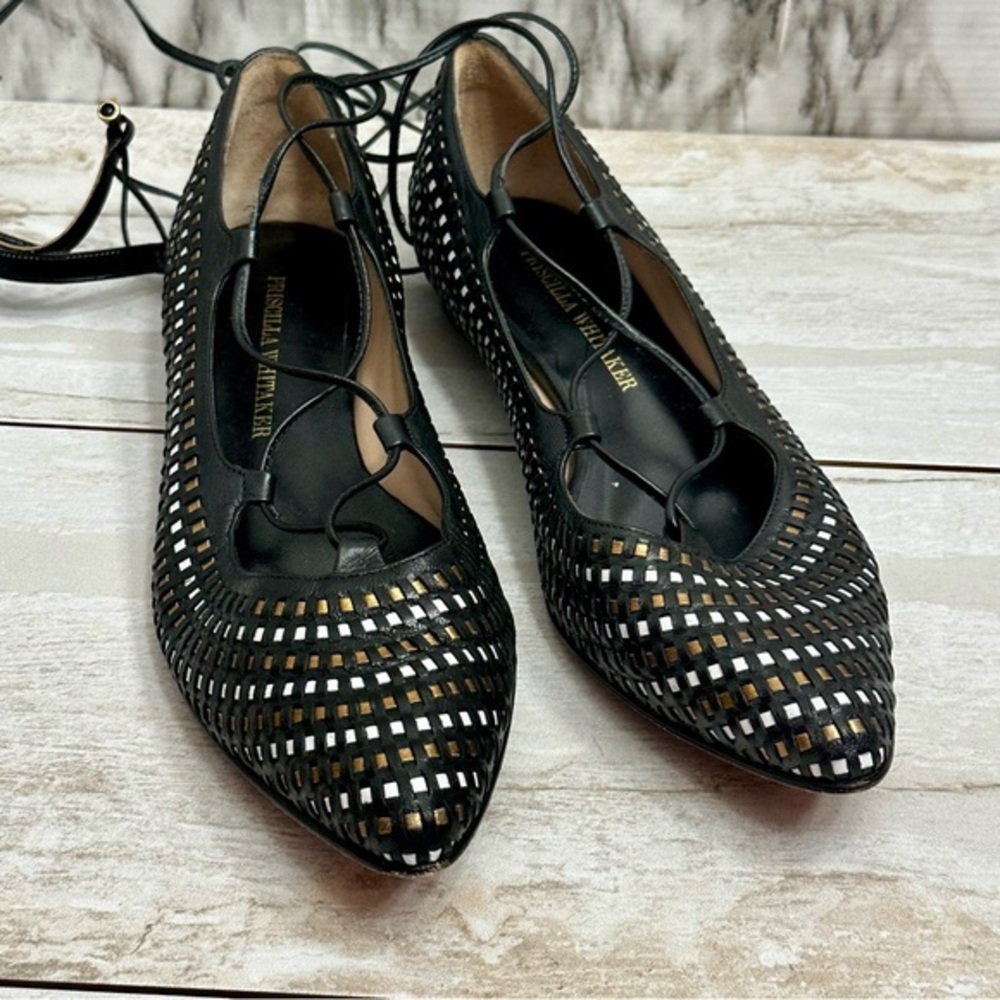 Black Lace Up Leg Wrap Gladiator Leather Ballet Flats Woven Handmade Basketweave